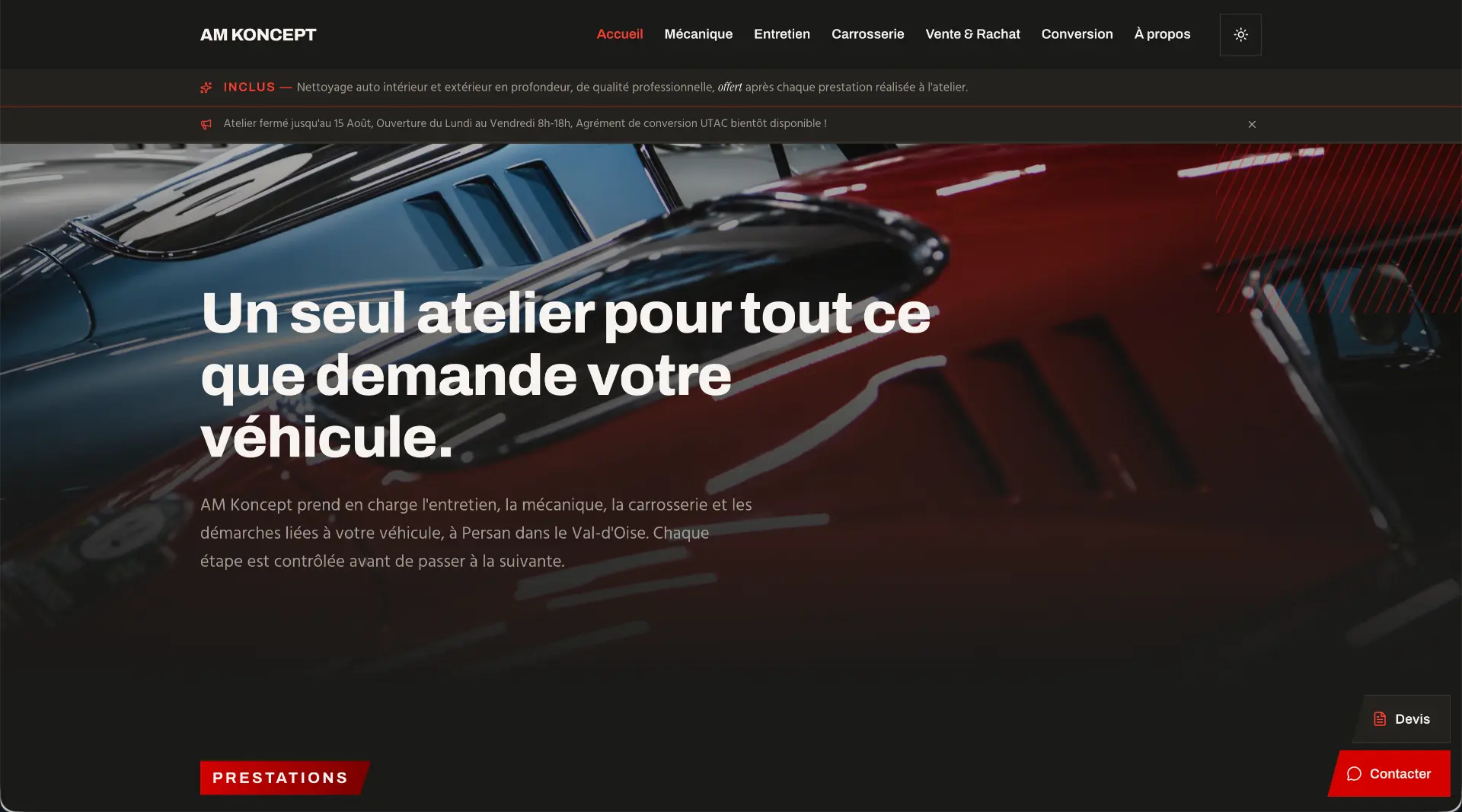 Page d'accueil du site amkoncept.fr, carrosserie et mécanique à Persan